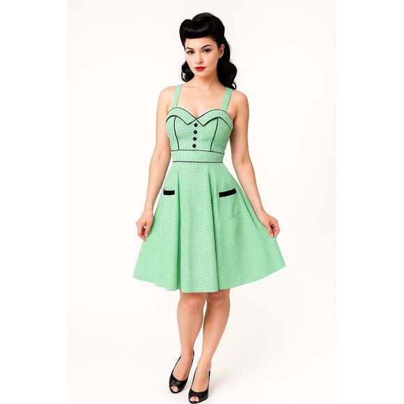 HELL BUNNY dress fit flare polka dot pinup rockabilly mint green 50s inspired S - Picture 2 of 11